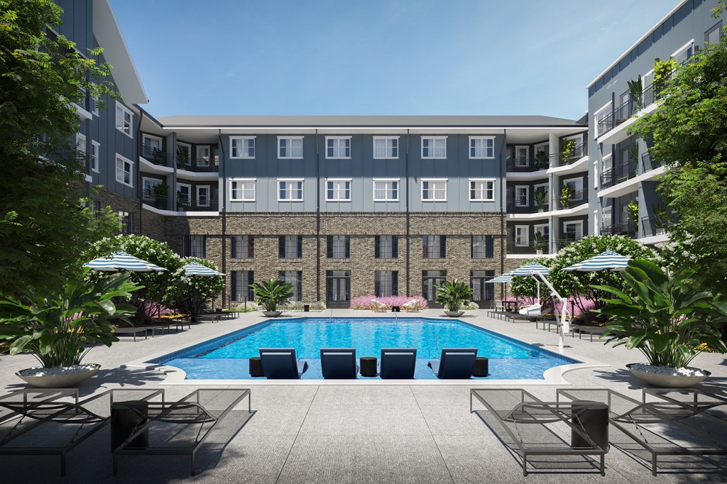 an rendering of an apartment building with a swimming pool