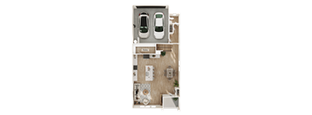 A top-down view of a small apartment with a pantry, a kitchenette, a dining area, and two parking spaces for cars.