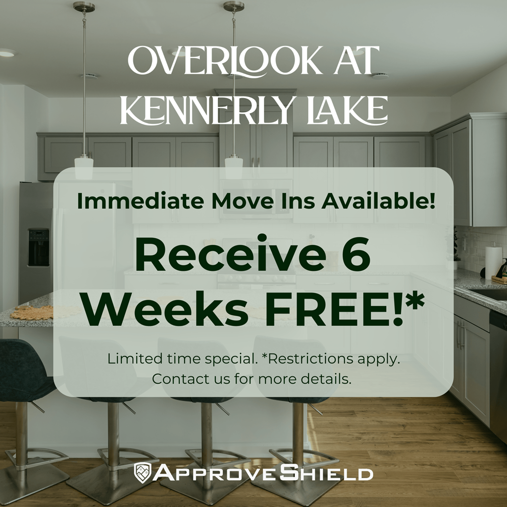 a view of a kitchen with the door open and a receive 6 weeks free sign