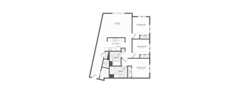 A floor plan of a house with a living room, kitchen, and three bedrooms.