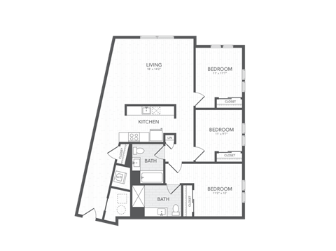 A floor plan of a house with a living room, kitchen, and three bedrooms.