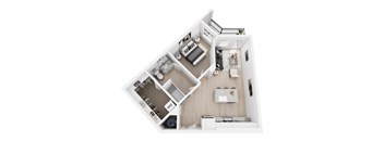 a 3d floor plan of a home with a bedroom and a kitchen