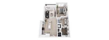 a stylized floor plan with a bedroom and living room