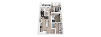a stylized floor plan with a bedroom and living room