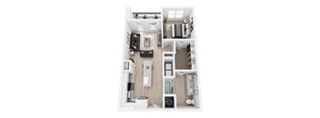a stylized floor plan with a bedroom and a living room