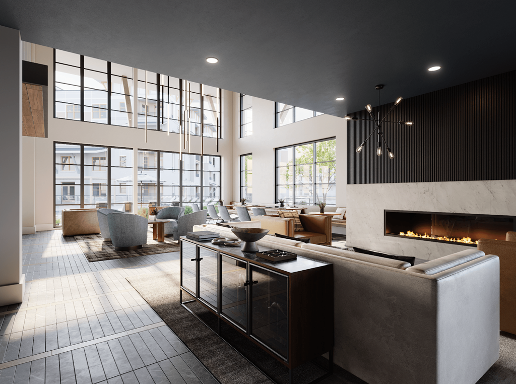 a large living room with a fireplace and a table