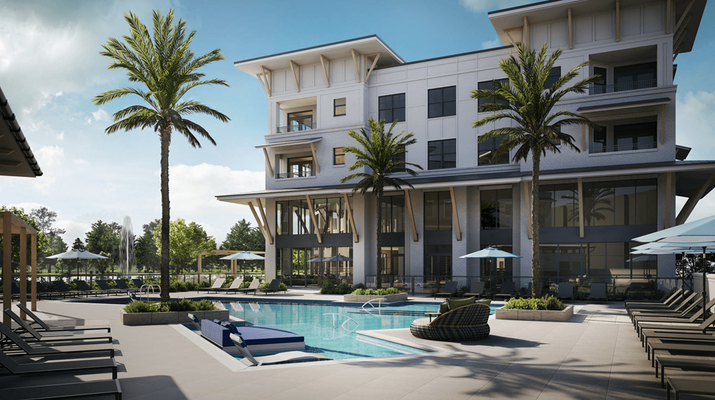 a rendering of a hotel with a swimming pool