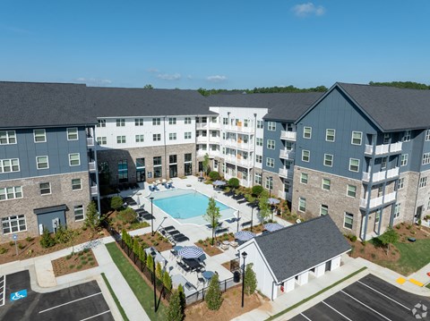 an aerial view of The Laurel with a swimming pool