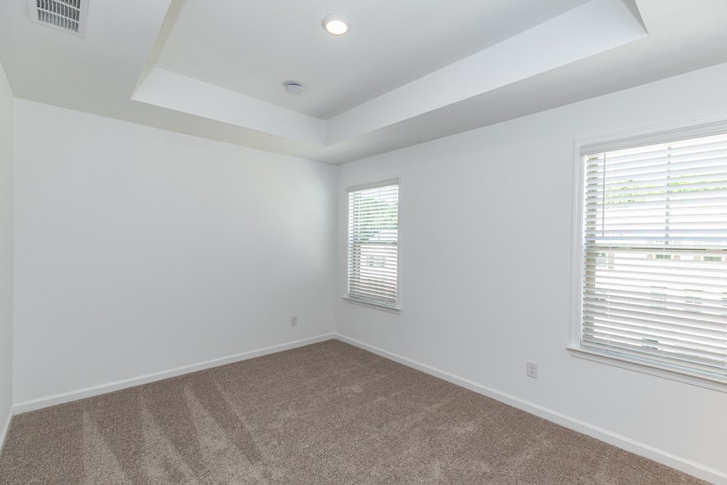 a bedroom with two windows and a carpeted floor