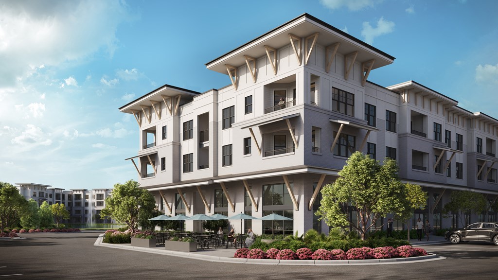 a rendering of an apartment building on a city street