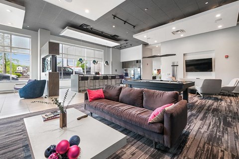 A living room with a brown couch and a white coffee table.