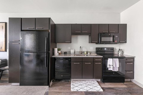 A black fridge and microwave in a kitchen with brown cabinets.