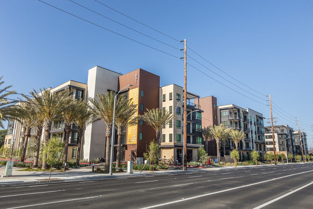a row of apartment buildings with trees in front of them