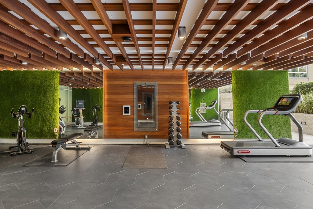 a gym with moss covered walls and a treadmill and weights