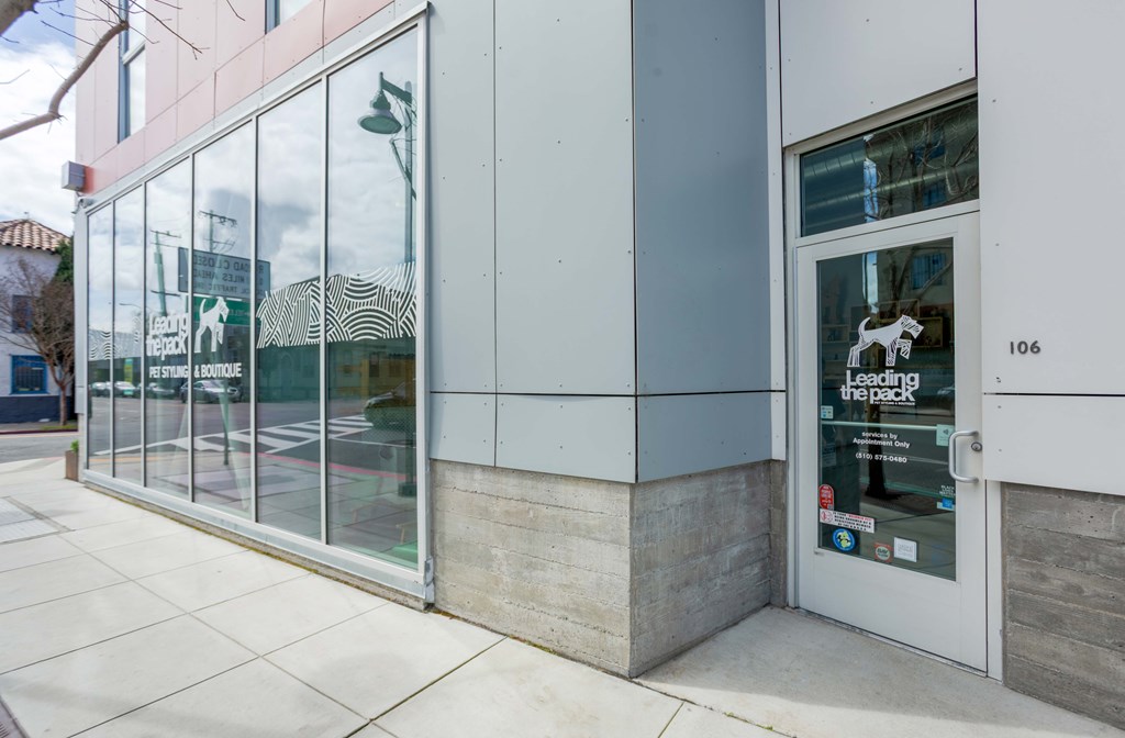 A building with a glass door and a poster on the door.