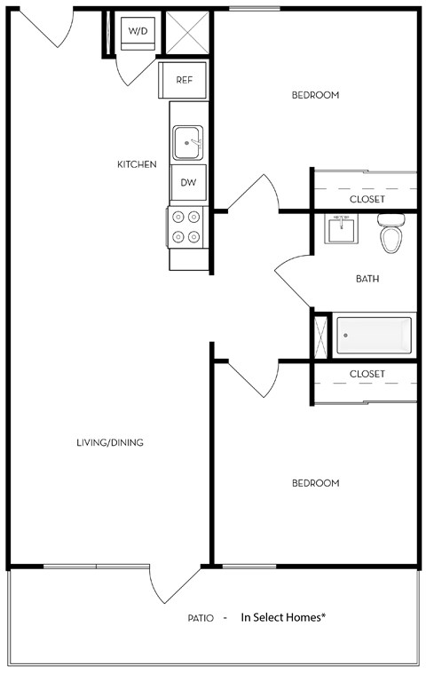 a line drawing of a house with a kitchen and a living room