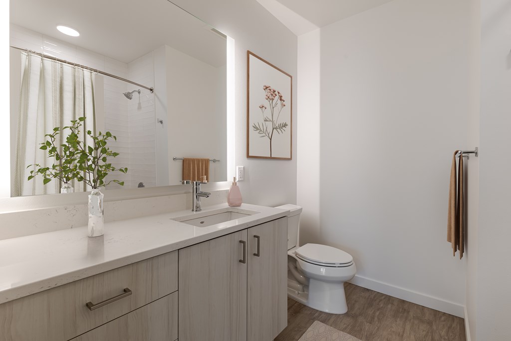 A bathroom with a toilet, sink, and mirror.