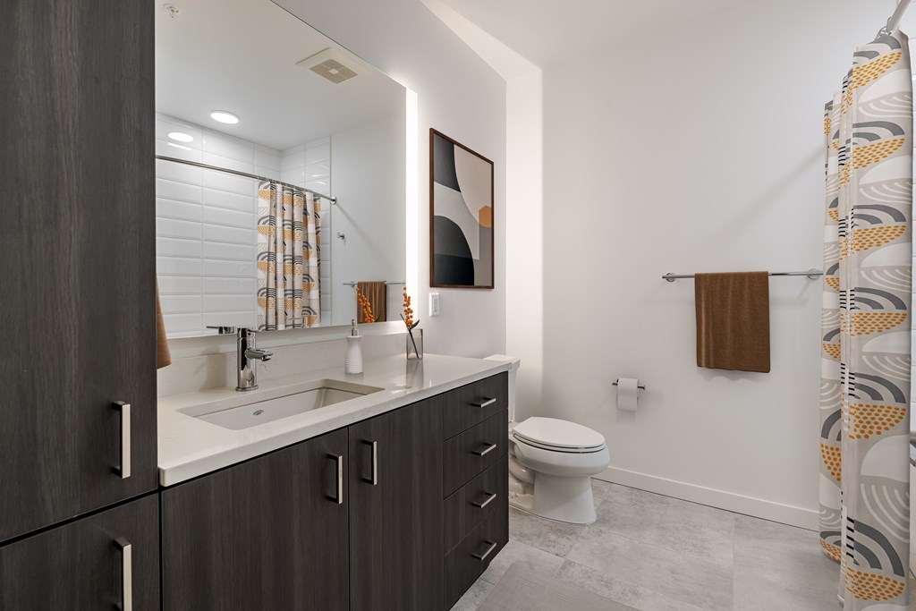 A bathroom with a sink, toilet, and a shower curtain.