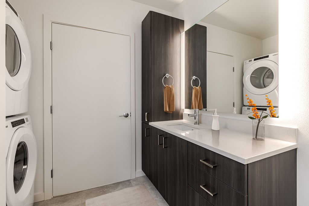A modern bathroom with a washing machine and a white sink.
