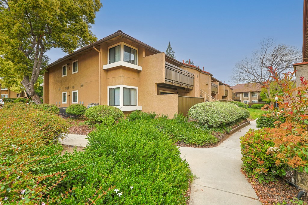 A row of houses with green bushes in front.