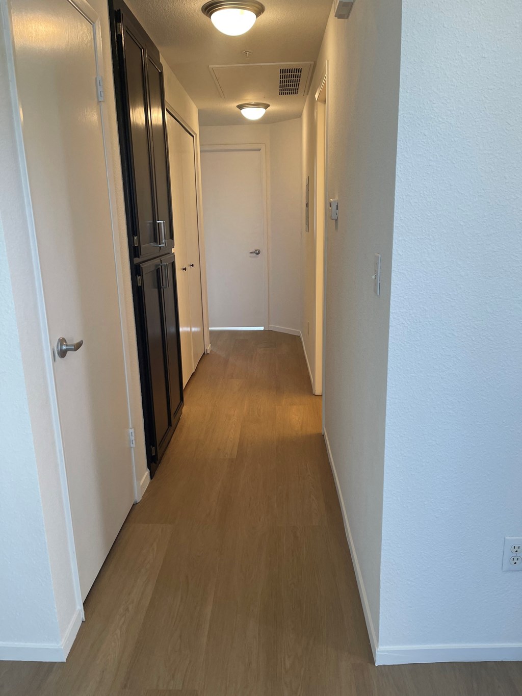 a hallway with wood floors and white walls and a black door