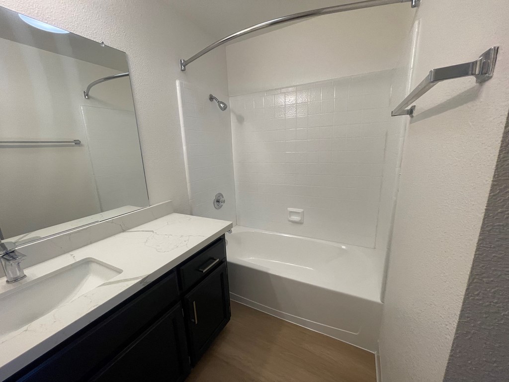 a bathroom with a shower and a sink and a mirror