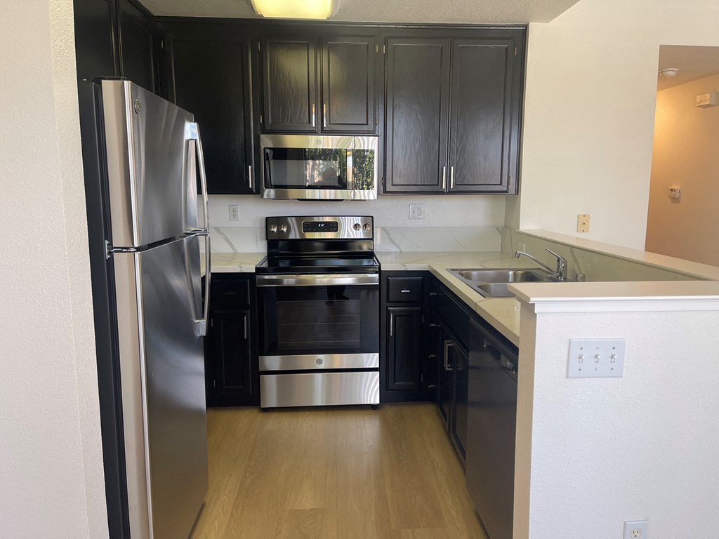 a kitchen with black cabinets and stainless steel appliances