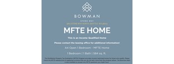 An advertisement for a bowman MFTE home located at 3801 Stone Way North Seattle, WA 98103.