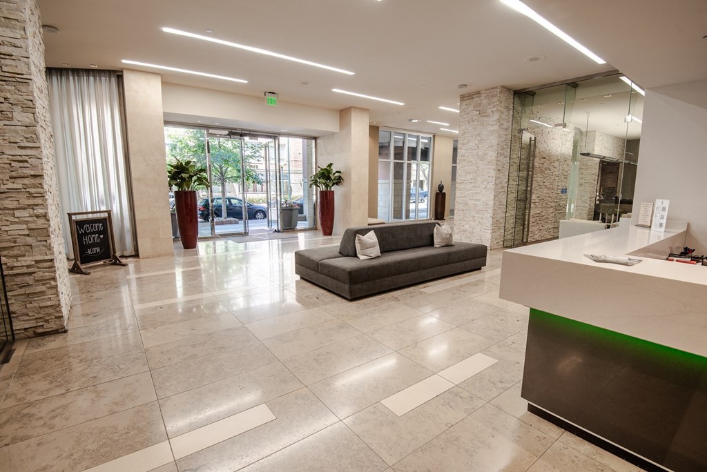 a view of the lobby from the entrance of the building