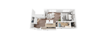 A top-down view of a modern apartment layout with a kitchen, living room, and bedrooms.