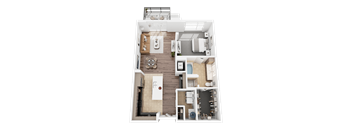 A top-down view of a small apartment layout with a kitchen, living room, and bedrooms.