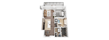 A top-down view of a small apartment layout with a kitchen, living room, and bedrooms.