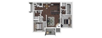 A top-down view of a house layout with a living room, kitchen, dining area, and bathroom.