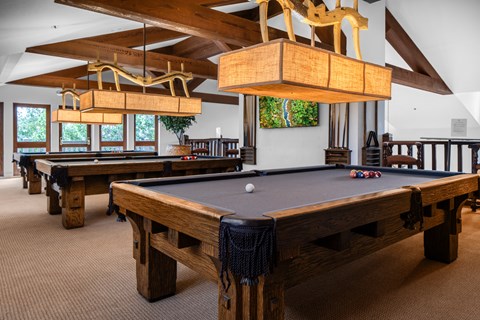 A pool table in a room with wooden furniture and a light brown carpet.