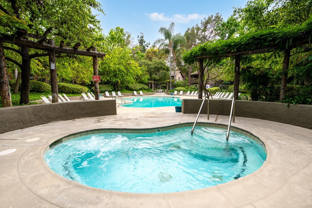 a hot tub and a pool in a backyard with trees