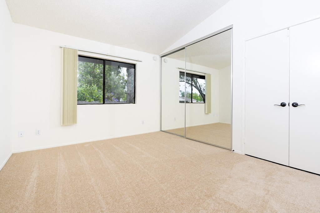 an empty living room with a mirror and a closet
