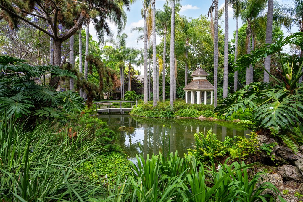 a garden with a pond and a gazebo
