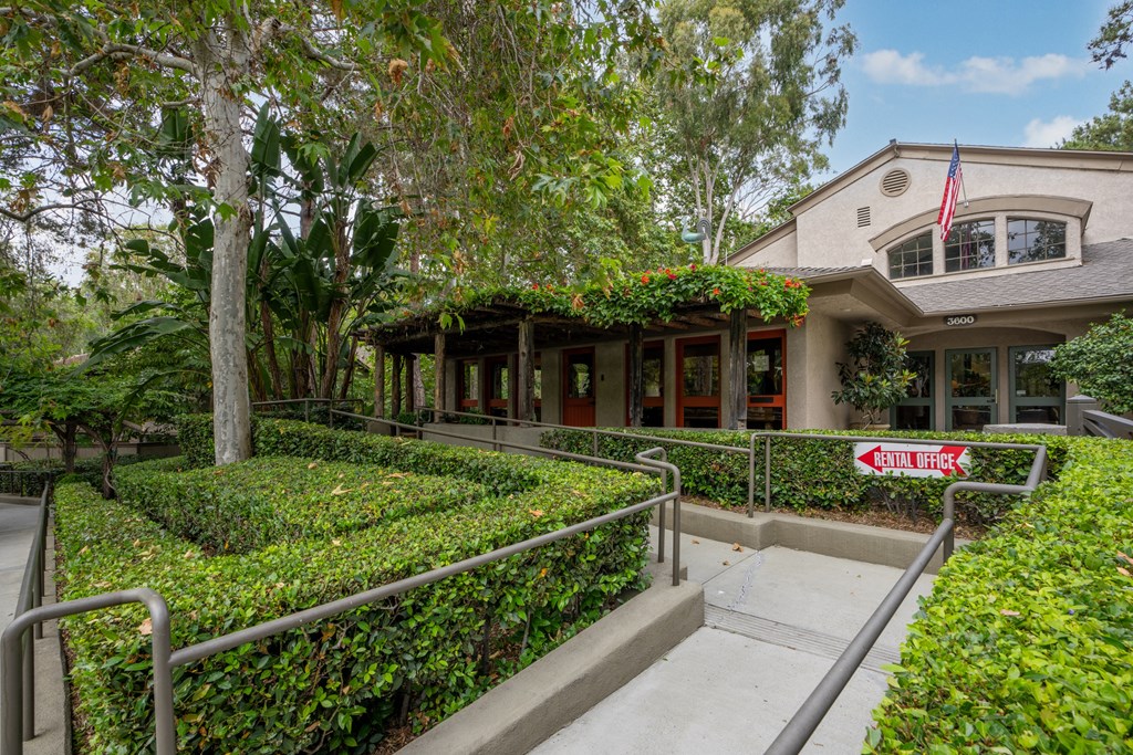 the outside of a building with stairs and a ketchup sign