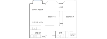 A floor plan of a house with a living room, two bedrooms, a dining area, a kitchen, a bathroom, a pantry, and a walk-in closet.