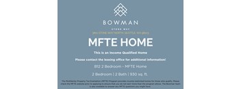 An advertisement for a 2 bedroom, 2 bath MFTE home located at 3801 Stone Way North Seattle, WA 98103.