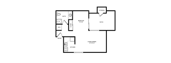 A floor plan of a home with a bedroom, patio, and kitchen.