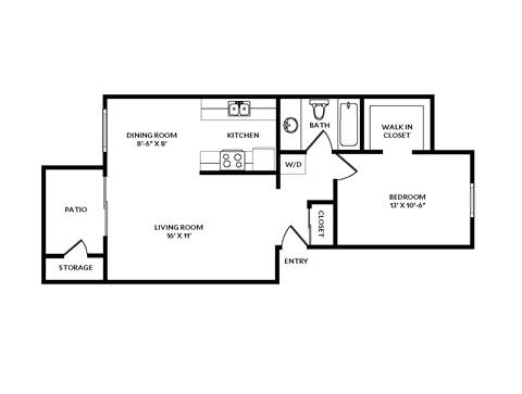 A floor plan of a house with a living room, dining room, kitchen, bath, walk-in closet, and storage.