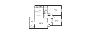 A floor plan of a house with a kitchen, dining room, living room, two bedrooms, a bathroom, a patio, and storage.