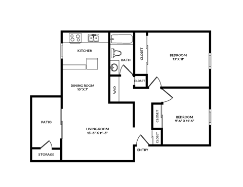 A floor plan of a house with a kitchen, dining room, living room, two bedrooms, a bathroom, a patio, and storage.