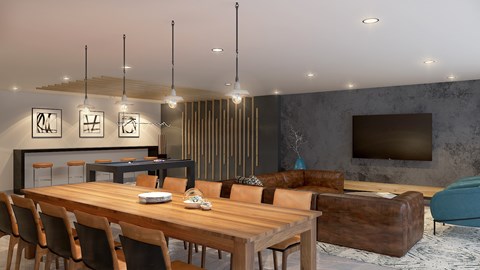 A modern dining room with a wooden table and chairs.