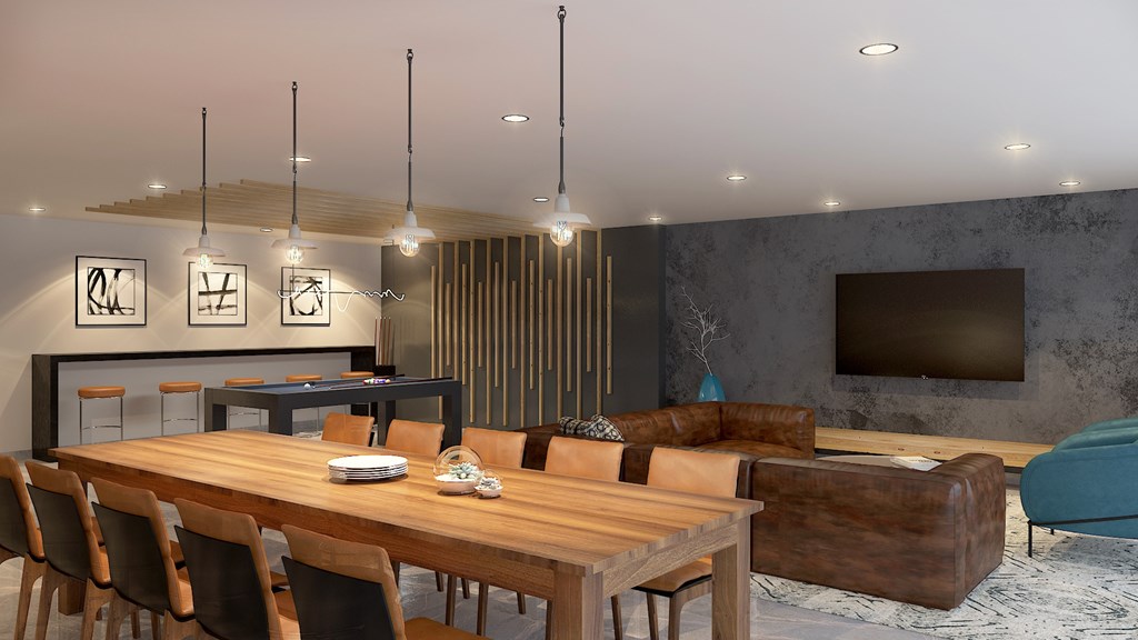 A modern dining room with a wooden table and chairs.