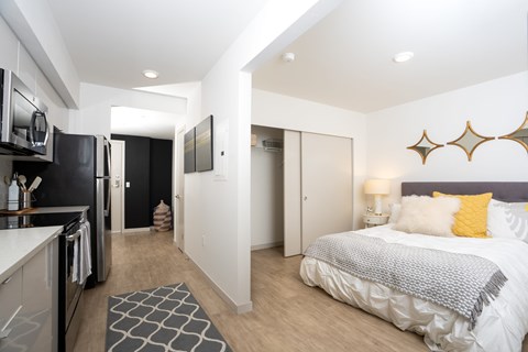 A modern bedroom with a large bed and a kitchen area.