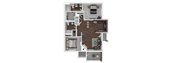 A floor plan of a house with a kitchen, living room, and bathrooms.