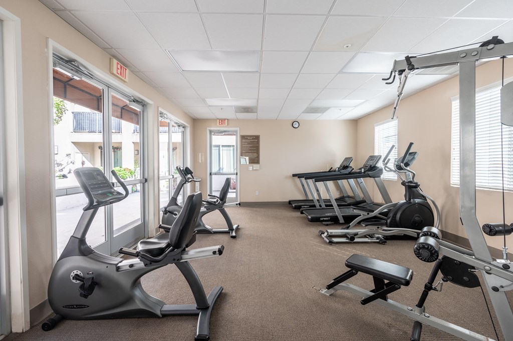 a gym with several exercise bikes and weights on the floor