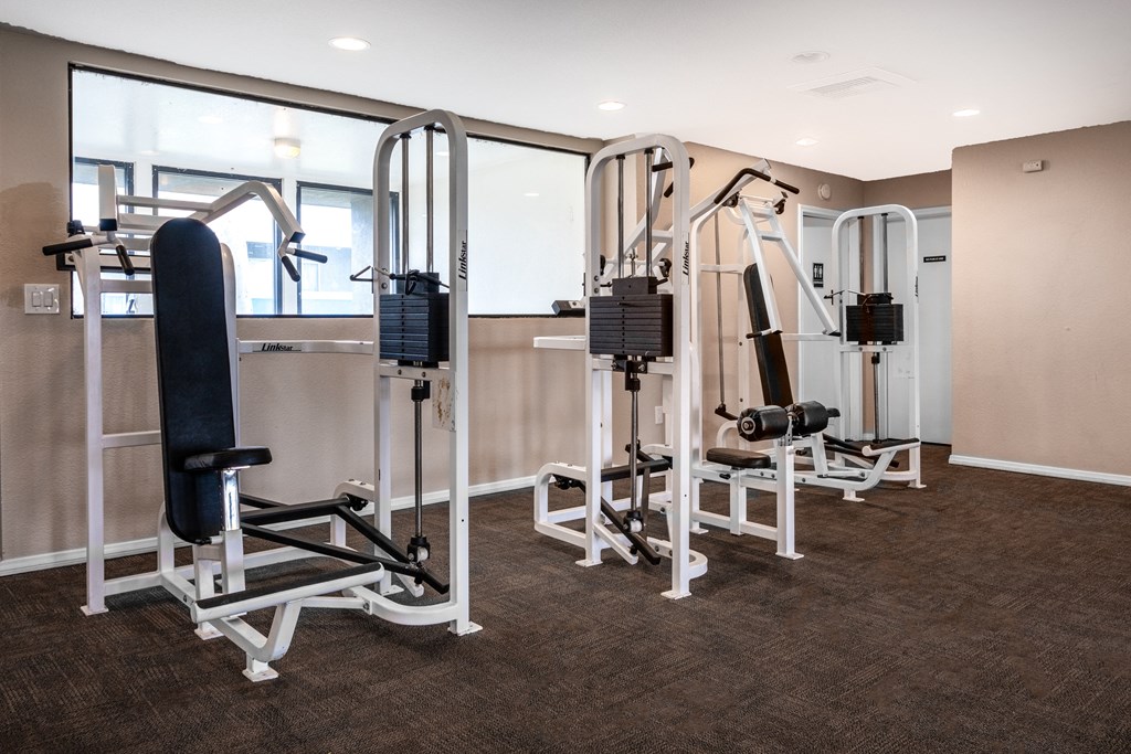 a gym with weights and a punching bag in the corner of a room